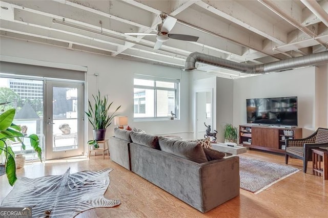 living room with ceiling fan and hardwood / wood-style flooring