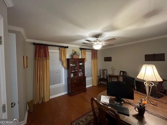 home office with hardwood / wood-style floors, ceiling fan, and crown molding