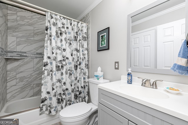 full bathroom with crown molding, vanity, shower / bath combination with curtain, and toilet