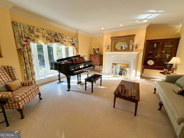 sitting room featuring ornamental molding and light carpet