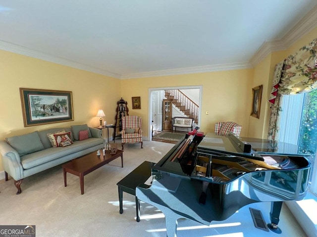 interior space featuring light colored carpet and ornamental molding