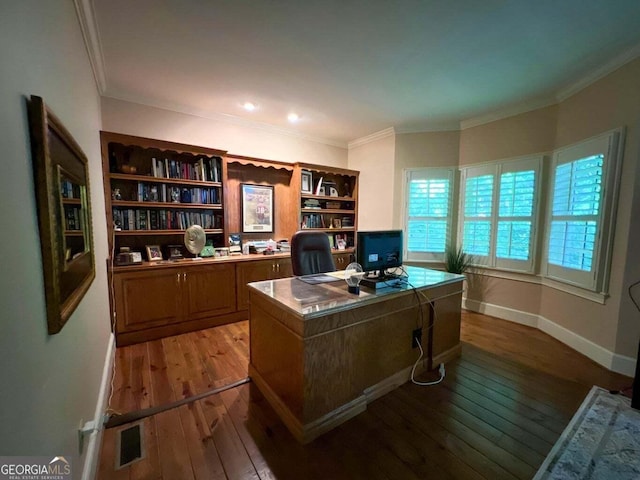 home office with wood-type flooring and crown molding