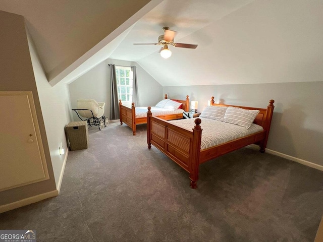 carpeted bedroom featuring vaulted ceiling and ceiling fan