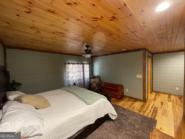 bedroom featuring light hardwood / wood-style flooring, wooden walls, and wood ceiling