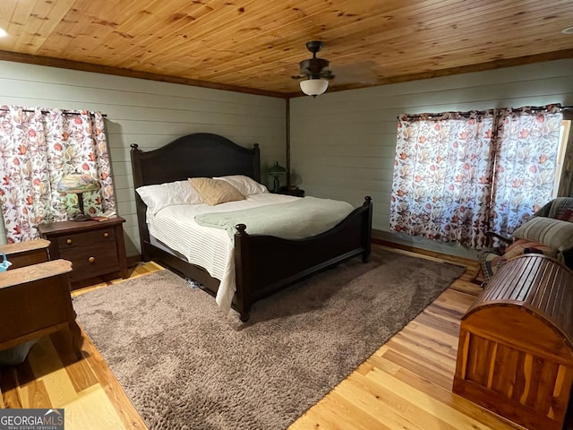 bedroom featuring wooden walls, wood-type flooring, wooden ceiling, and ceiling fan