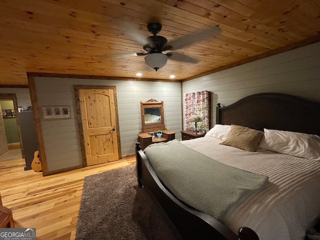 bedroom with ceiling fan, wood ceiling, wooden walls, and light wood-type flooring