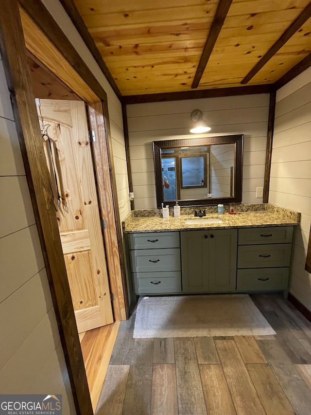 bathroom featuring wood walls, vanity, hardwood / wood-style flooring, and wooden ceiling