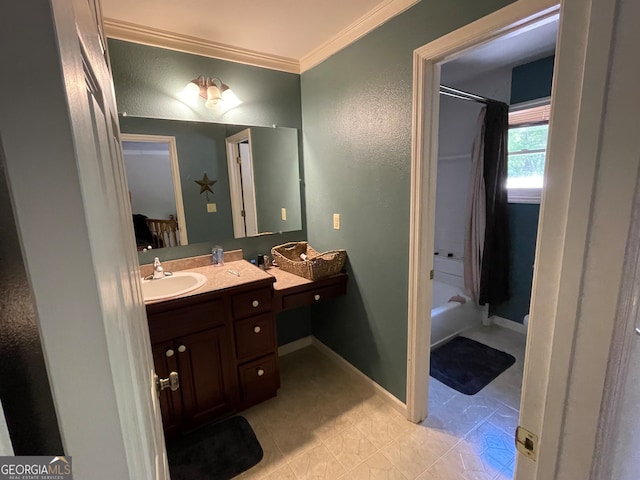 bathroom with shower / tub combo with curtain, vanity, tile patterned flooring, and ornamental molding