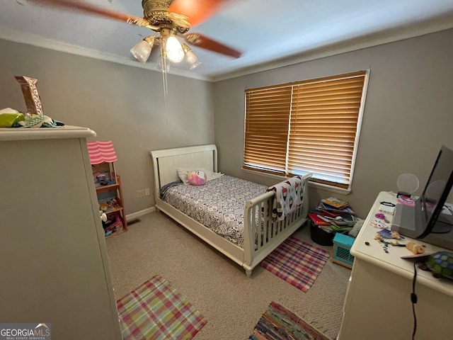 bedroom featuring ornamental molding, light carpet, and ceiling fan