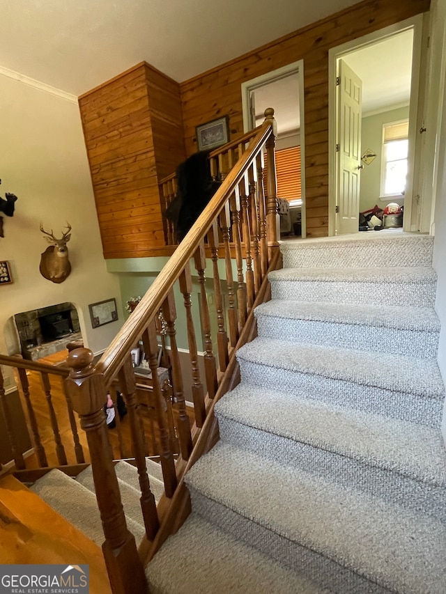 stairs featuring wood walls and crown molding