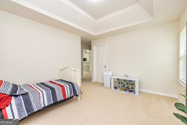 carpeted bedroom with a tray ceiling