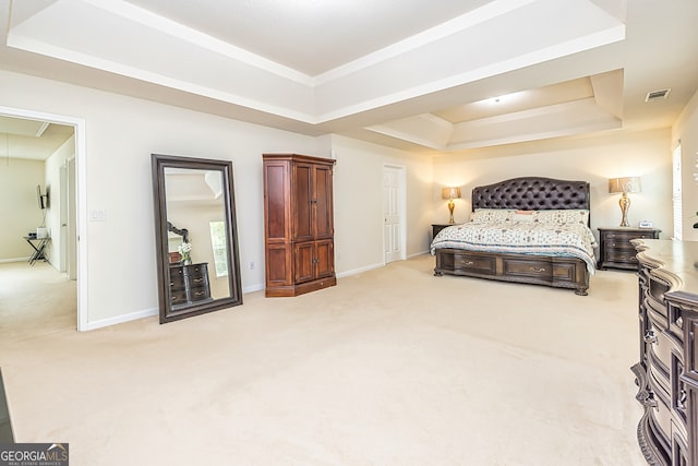 carpeted bedroom featuring a raised ceiling