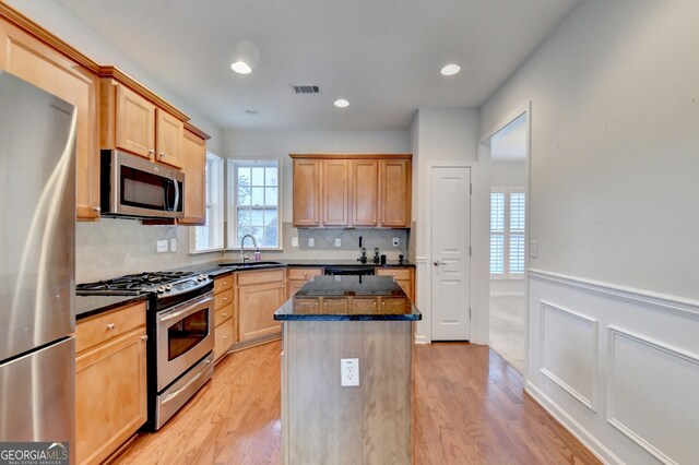 kitchen with sink, a kitchen island, appliances with stainless steel finishes, light hardwood / wood-style floors, and decorative backsplash