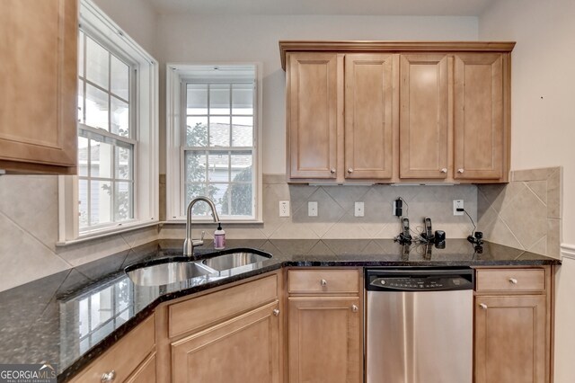 kitchen with dark stone counters, decorative backsplash, dishwasher, and sink