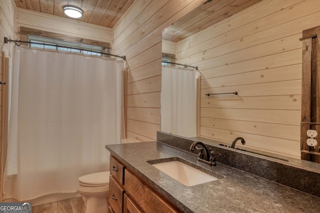 bathroom featuring wood ceiling, wooden walls, vanity, and toilet