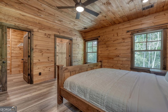 bedroom featuring multiple windows, wood ceiling, and light hardwood / wood-style flooring