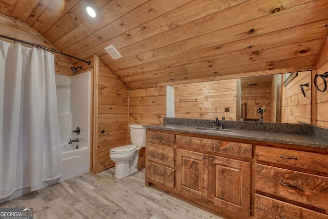 full bathroom with vanity, wood-type flooring, vaulted ceiling, wooden ceiling, and toilet