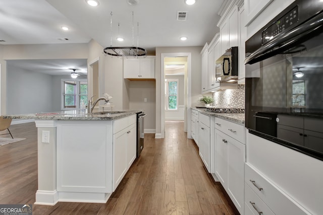 kitchen with light stone countertops, a kitchen island with sink, and a healthy amount of sunlight