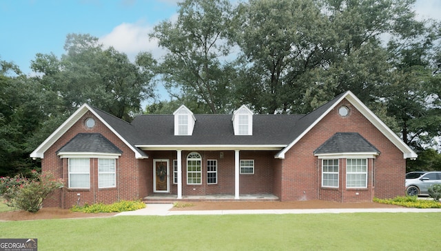 view of front of home with a front yard and covered porch