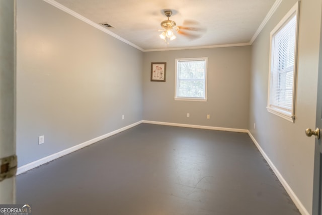 spare room with crown molding and ceiling fan