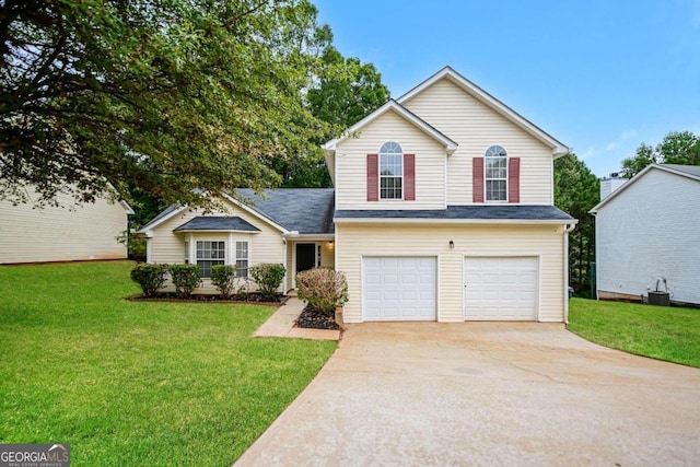 view of front of property featuring a front yard, a garage, and central AC