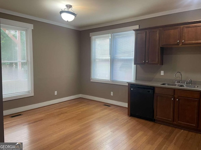 kitchen with dark brown cabinetry, sink, light hardwood / wood-style flooring, dishwasher, and crown molding