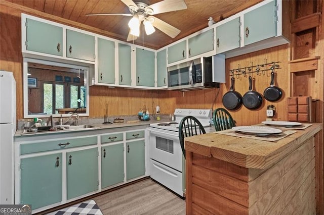 kitchen featuring wood walls, wooden ceiling, ceiling fan, sink, and electric range