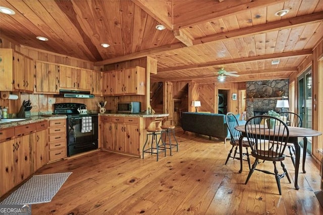 kitchen with wood ceiling, light wood-type flooring, black range with electric stovetop, kitchen peninsula, and exhaust hood