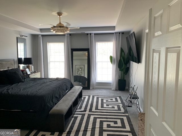 carpeted bedroom featuring multiple windows, a raised ceiling, and ceiling fan