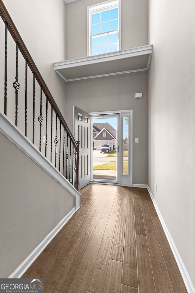 foyer entrance with a towering ceiling and hardwood / wood-style flooring