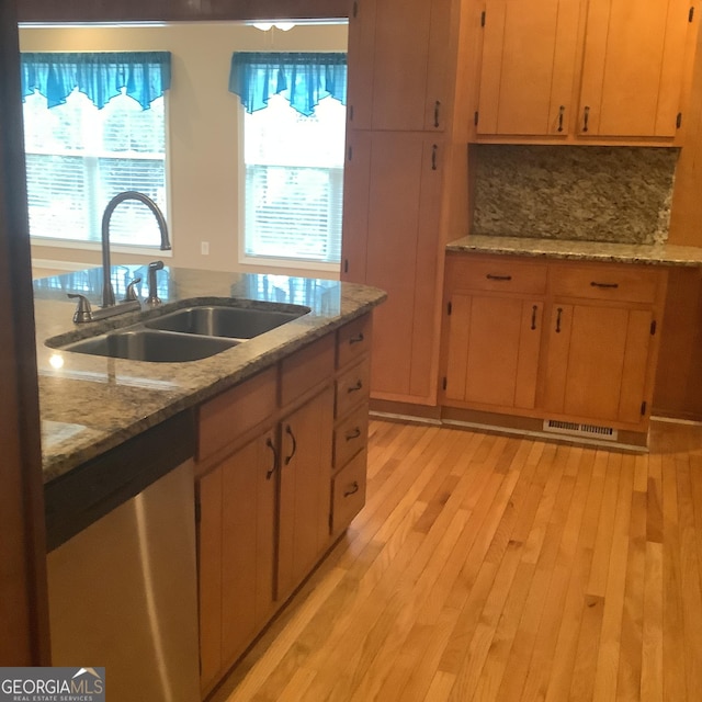 kitchen with visible vents, backsplash, a sink, light wood-style floors, and stainless steel dishwasher