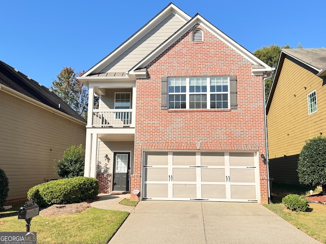 view of front facade with a balcony and a garage