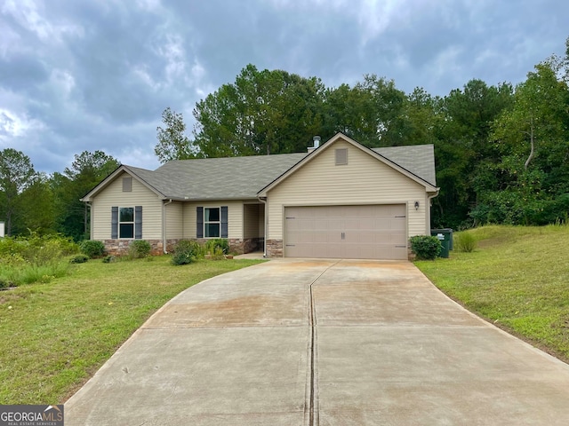 ranch-style house with cooling unit, a front lawn, and a garage