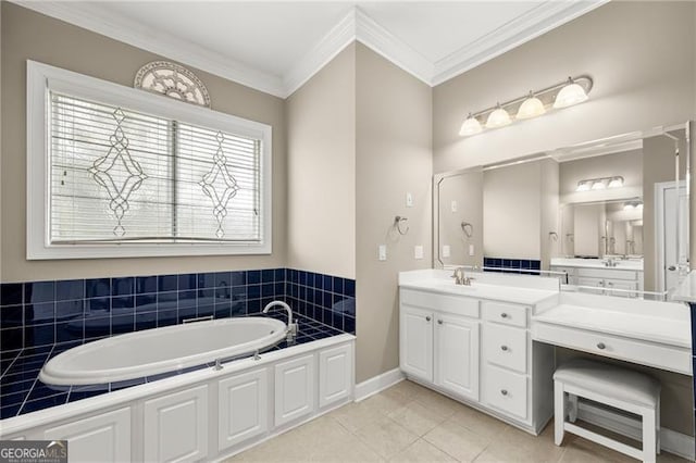 bathroom with vanity, ornamental molding, a bath, and tile patterned floors