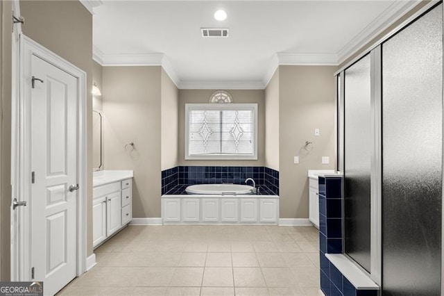 bathroom featuring shower with separate bathtub, tile patterned flooring, vanity, and ornamental molding