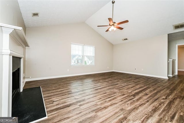 unfurnished living room featuring wood-type flooring, high vaulted ceiling, and ceiling fan