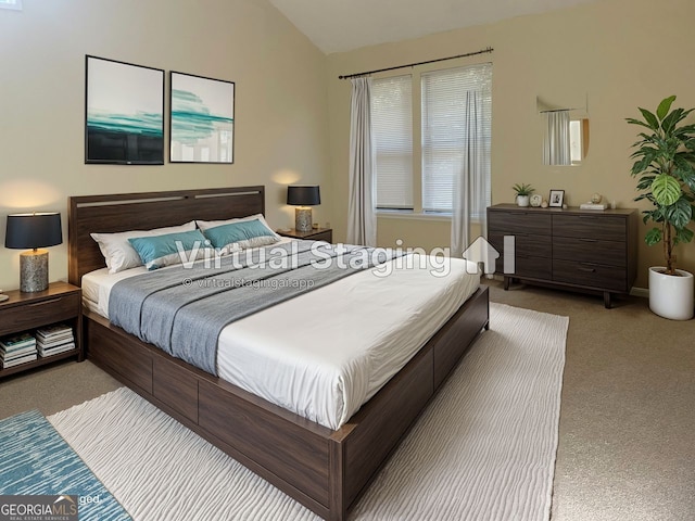 bedroom featuring light carpet and vaulted ceiling