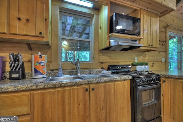 kitchen with wood walls, black appliances, exhaust hood, and sink