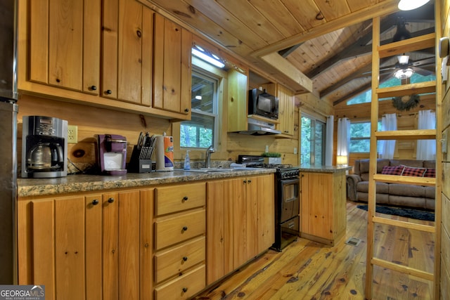 kitchen with a wealth of natural light, lofted ceiling with beams, light hardwood / wood-style floors, and black appliances