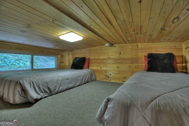 bedroom featuring lofted ceiling, wood walls, wood ceiling, and carpet