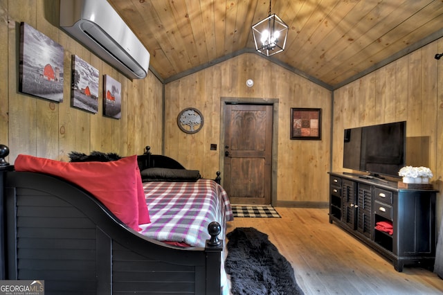 bedroom featuring wooden ceiling, lofted ceiling, light hardwood / wood-style floors, and a wall unit AC