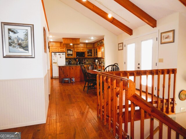 381 Hidden Lakeview Cir, Hiawassee, GA 30546 - corridor featuring dark wood-type flooring, wainscoting, and an upstairs landing