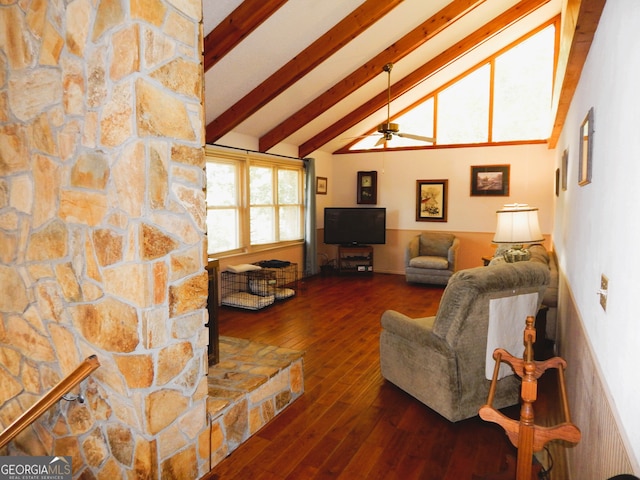 living room with high vaulted ceiling, wood-type flooring, beam ceiling, and ceiling fan