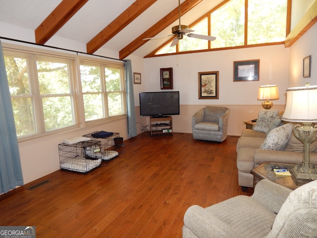 living room with wood-type flooring, vaulted ceiling with beams, and ceiling fan