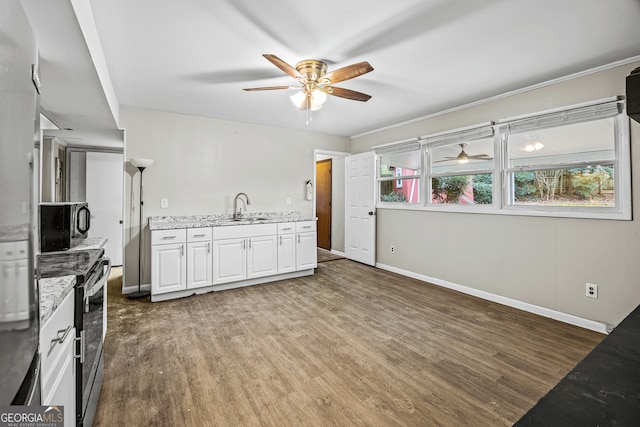 kitchen with ceiling fan, white cabinets, sink, stainless steel electric range, and dark hardwood / wood-style flooring