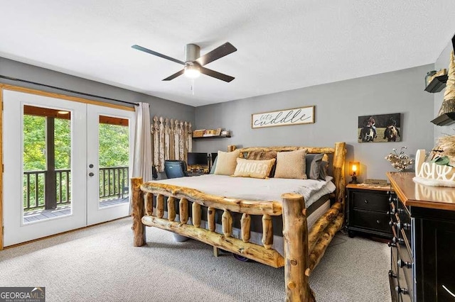 bedroom with light carpet, ceiling fan, french doors, and access to exterior