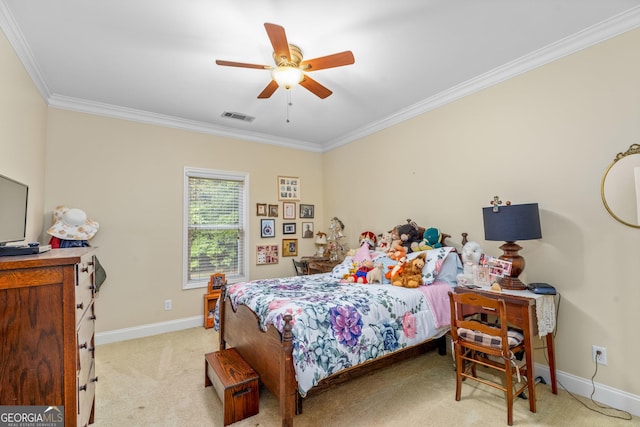 carpeted bedroom featuring ceiling fan and ornamental molding