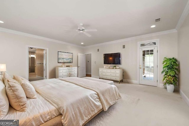 carpeted bedroom with ceiling fan, access to exterior, ensuite bathroom, and crown molding