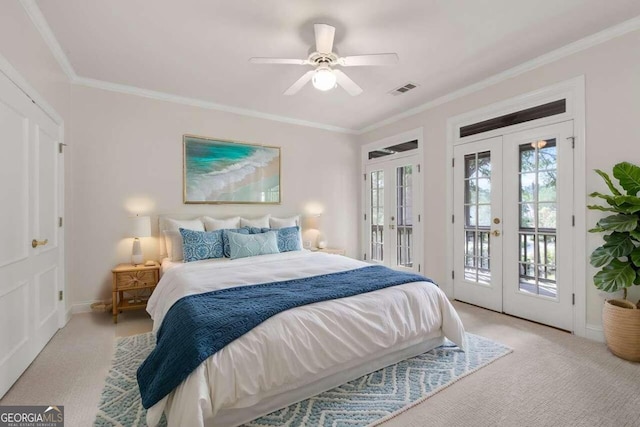 bedroom featuring french doors, light carpet, ceiling fan, and access to outside