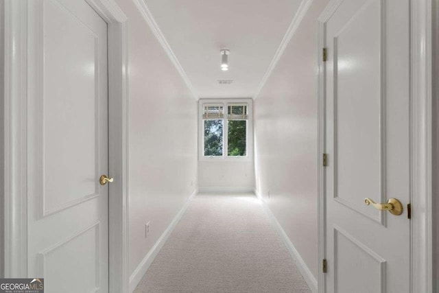 hallway featuring ornamental molding and carpet flooring